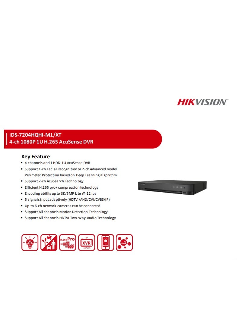 هيك فيجن جهاز DVR iDS-7204HQHI-M1/XT 4CH 5MP Lite AcuSense، H.265 Pro+، التعلم العميق، التعرف على الوجه - Image 5