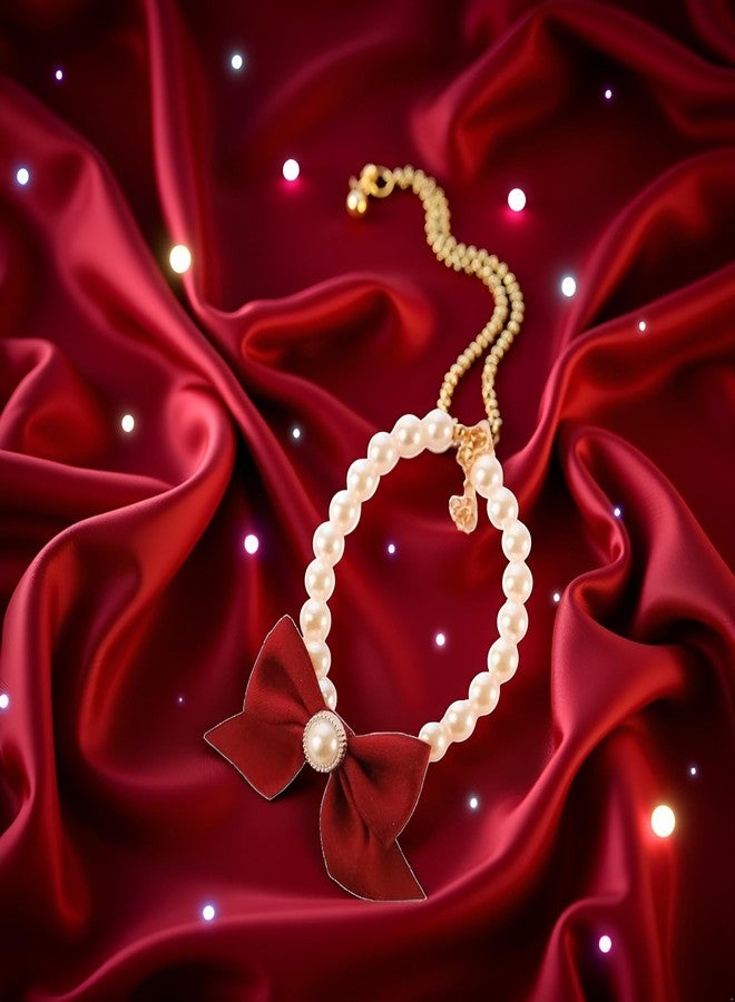 Zhuluck Red Dog Collar, Fashions Pet Pearl Necklace Diamond Crystal Cats Collar, Kitten Puppy Jewelry Collar for Puppy Pets Collar Decorative Accessories Dog Leash (M 25-31cm) - Image 5