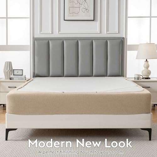 MIYE Jacquard Fabric Box Spring Cover,Super Stretchy Wrap Around 4 Sides Elastic Bed Skirt,Wrinkle & Fading Resistant,Washable & Easy Fit. (Cream, Twin) - Image 3