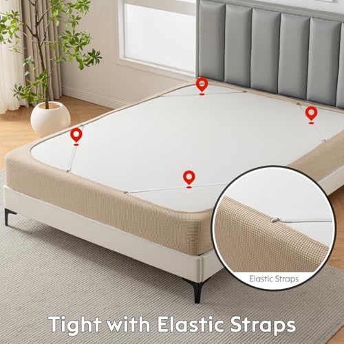 MIYE Jacquard Fabric Box Spring Cover,Super Stretchy Wrap Around 4 Sides Elastic Bed Skirt,Wrinkle & Fading Resistant,Washable & Easy Fit. (Cream, Twin) - Image 5