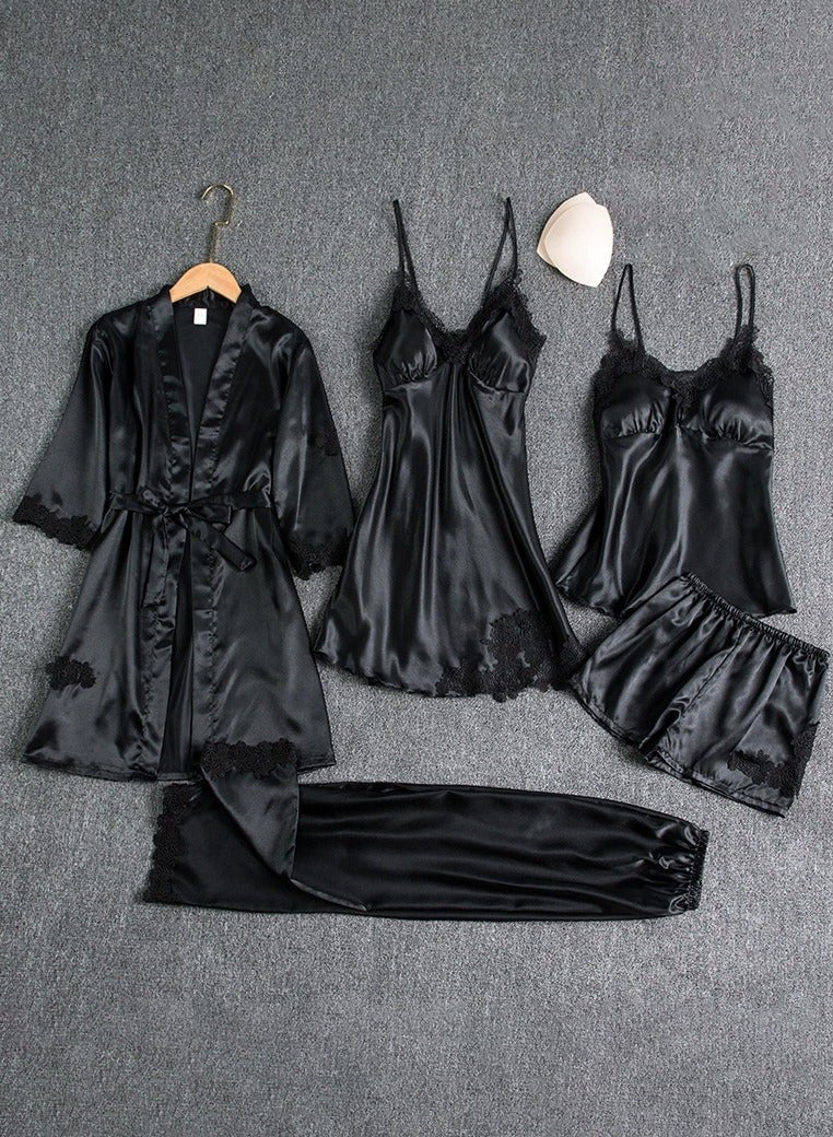 MHD 5 Piece Pajama Set With Lace Detail - Luxury Sleepwear For Women