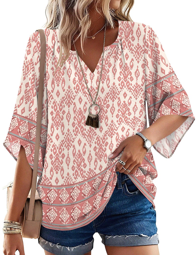 LOMON Women Blouses Dressy Casual - 3/4 Sleeve Linen Shirt for Business & Vacation, Peasant Blouse for Women Pink M - Image 1