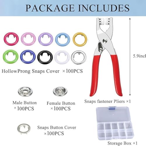 TAZLYN Home use Metal Fasteners with Hand Pliers Tool Button Press Machine for Clothes snap100 Sets Eyelets Button kit Snap Buckles Leather Snap Kit for Baby Children's Clothing (Multicolor) PACK1 - Image 2