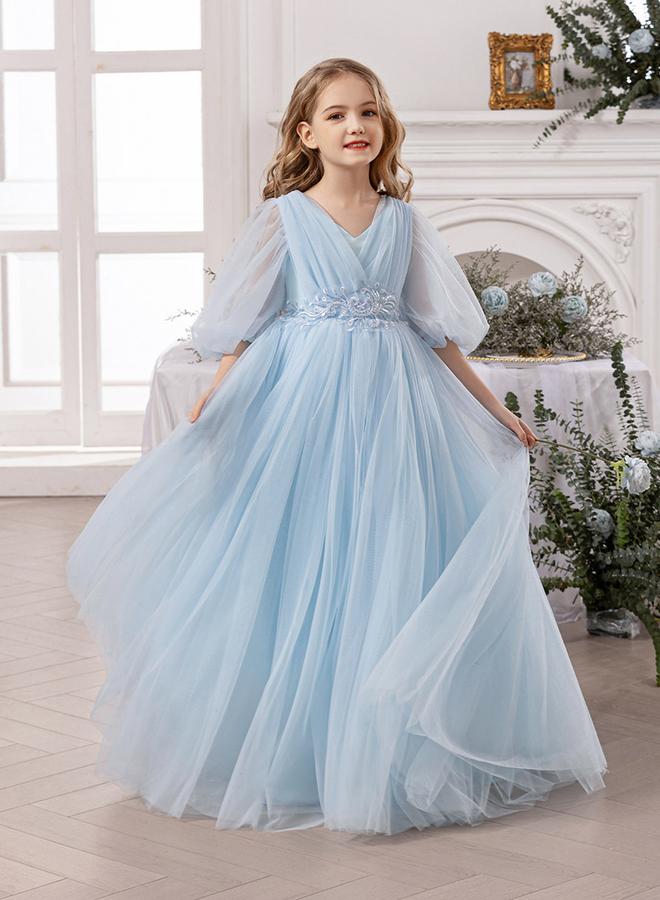 Take Two Blue Mesh Lace Detail Balloon Sleeve Dress - Image 4