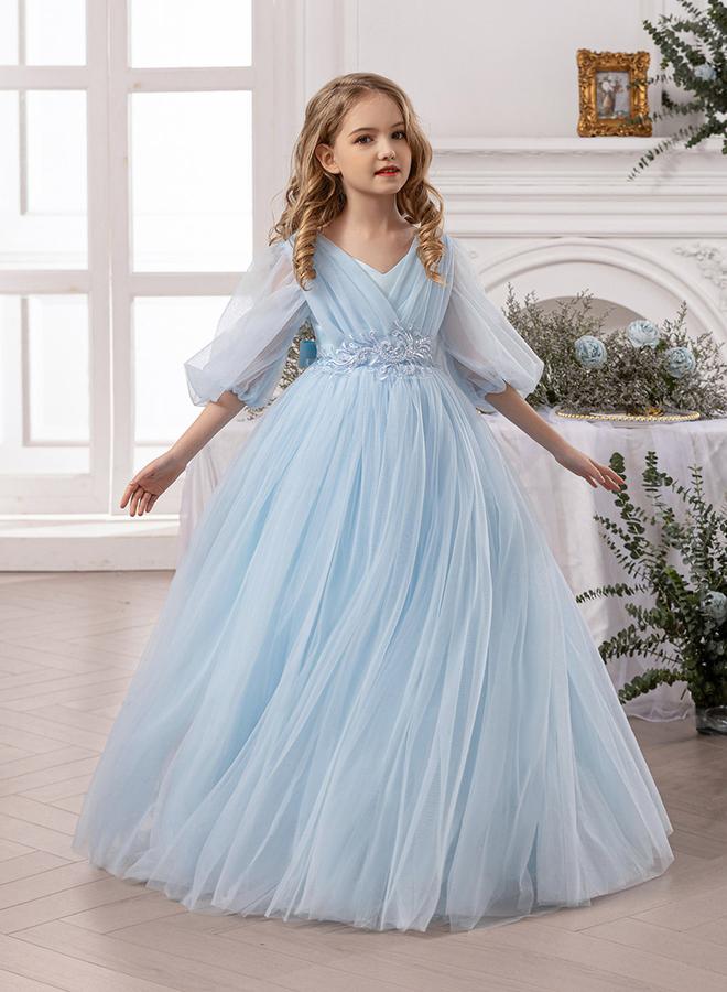 Take Two Blue Mesh Lace Detail Balloon Sleeve Dress - Image 5