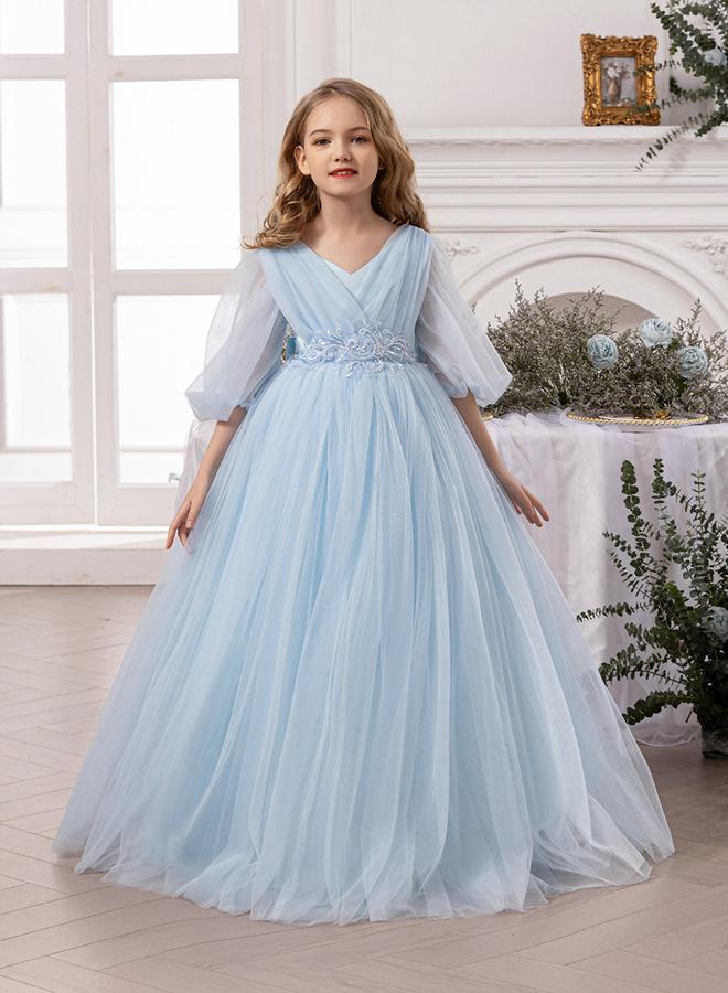 Take Two Blue Mesh Lace Detail Balloon Sleeve Dress - Image 3