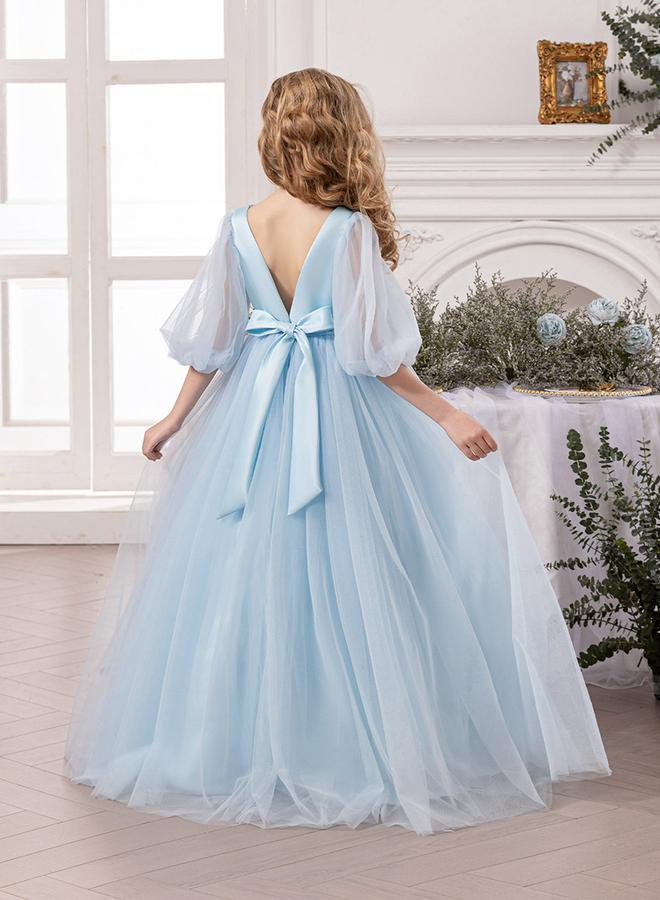 Take Two Blue Mesh Lace Detail Balloon Sleeve Dress - Image 2