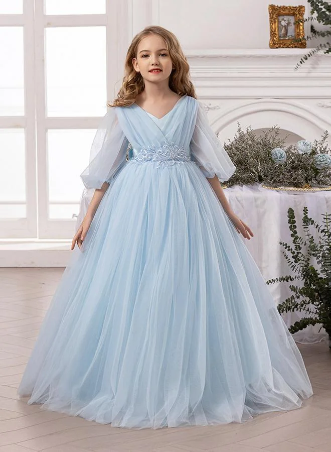 Take Two Blue Mesh Lace Detail Balloon Sleeve Dress