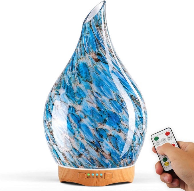 280ML ESSENTIAL OIL DIFFUSER GLASS COLOR CHANGING AROMA AIR DIFFUSERS AROMATHERAPY ULTRASONIC COOL MIST HUMIDIFIER WITH REMOTE CONTROL 7 RUNNING HOURS WATERLESS AUTO-OFF (LIGHT BLUE)