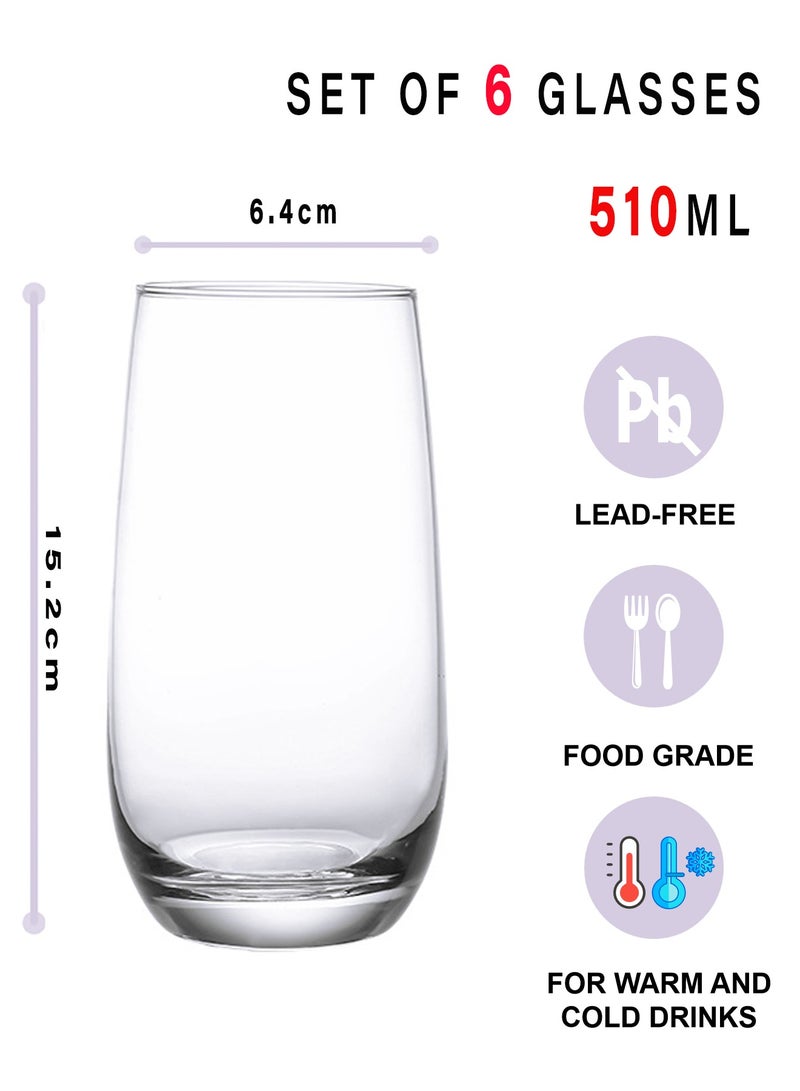 6-Piece 510ml Clear Glasses Set, Versatile Tall Drinking Glasses for Water, Juice, Iced Tea, Premium Lead-Free Glassware, Ideal for Home & Daily Use - Image 2