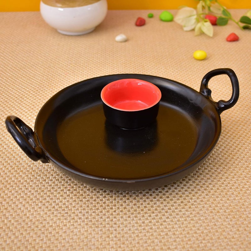 KunhaR Ceramic Platter Pizza Plate Round Serving Plate with Fixed Red Sauce Holder