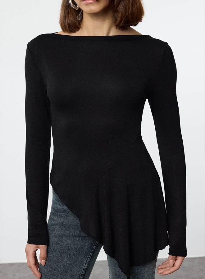 trendyol Black Viscose/Soft Fabric Asymmetric Flexible Knitted Blouse TWOAW25BZ00233 - Image 3
