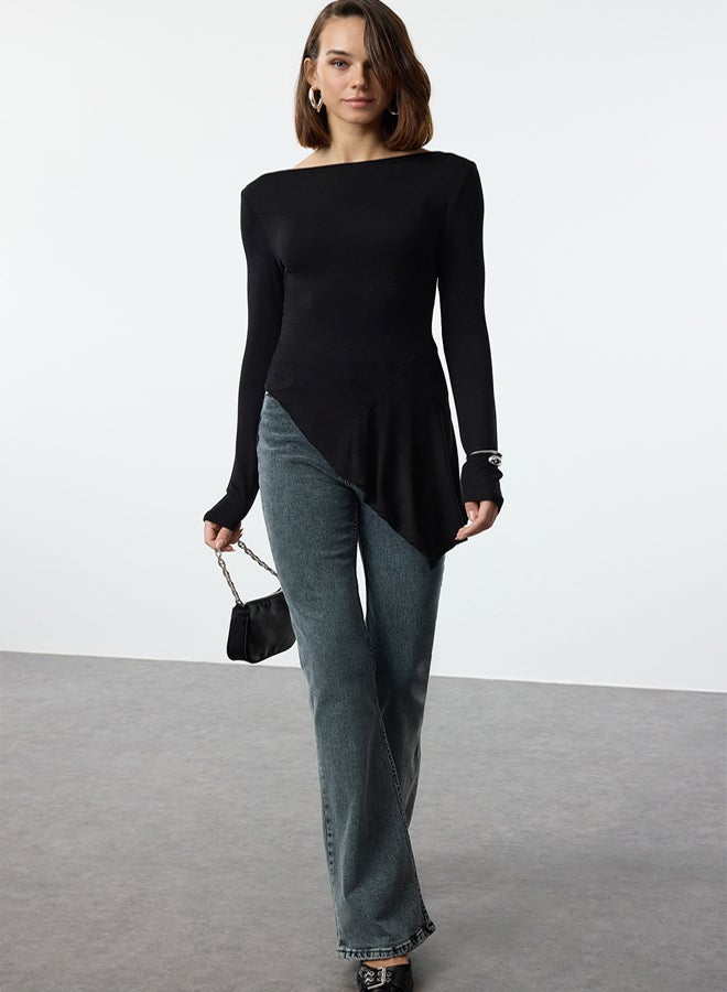trendyol Black Viscose/Soft Fabric Asymmetric Flexible Knitted Blouse TWOAW25BZ00233 - Image 1