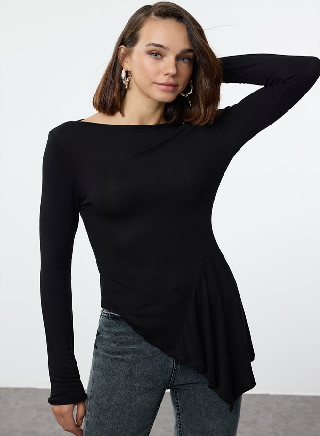 trendyol Black Viscose/Soft Fabric Asymmetric Flexible Knitted Blouse TWOAW25BZ00233 - Image 2