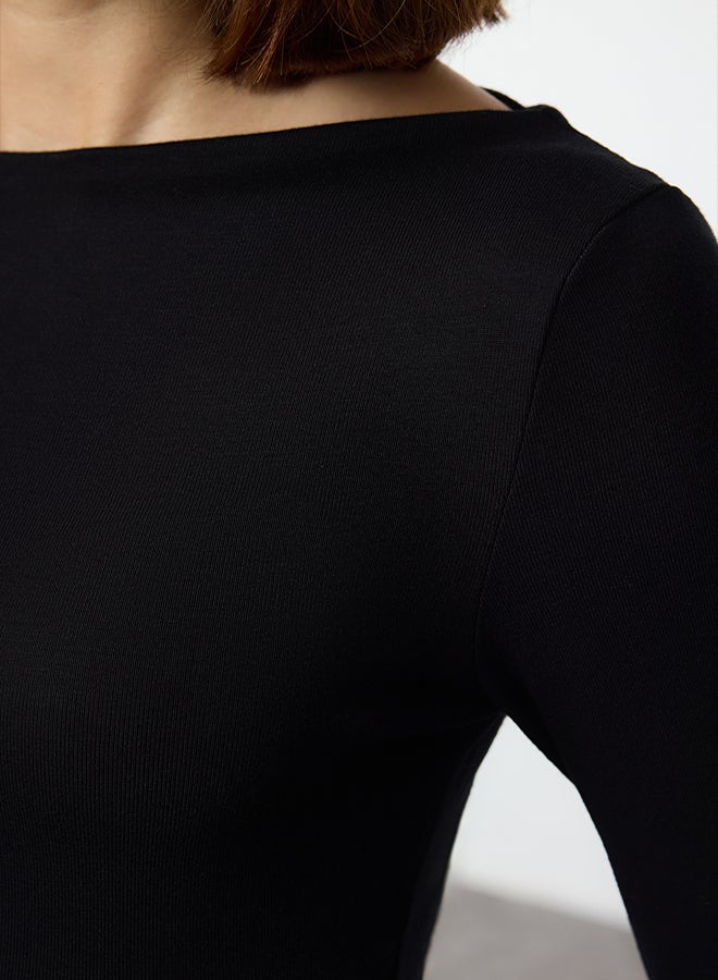 trendyol Black Viscose/Soft Fabric Asymmetric Flexible Knitted Blouse TWOAW25BZ00233 - Image 4