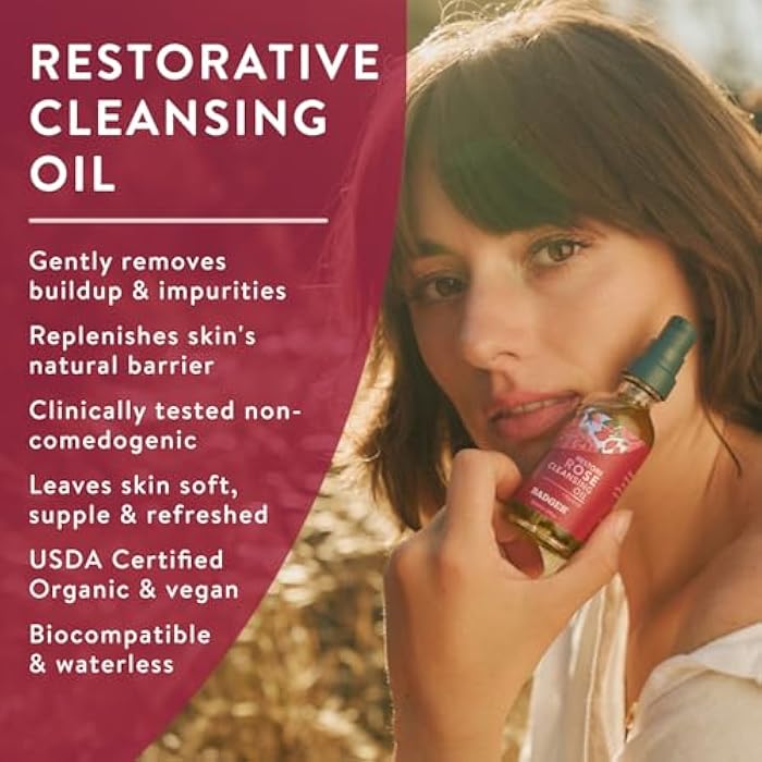 Badger Rose Face Cleansing Oil, Organic Facial Cleanser & Makeup Remover, Non-Greasy Moisturizing Skin Balancing Gentle Face Cleanser w/Pure Rose Oil, 2 fl oz Glass Bottle - Image 2
