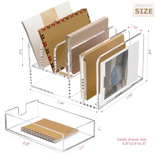 SANRUI Acrylic Mail Sorter Desktop Organizer Holder with Drawer, 5 Compartments Clear Small File Script Letter Document Storage for Desk Bill Filling Envelope Holder Office, Home, School Organization - Image 2
