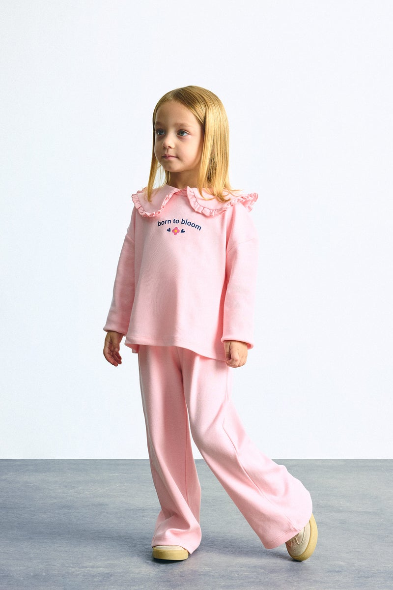 DeFacto Pink BabyGirl Baby Girl Light Pink 100% Cotton Peter Pan Collar Top and Pants Set Casual - Image 1
