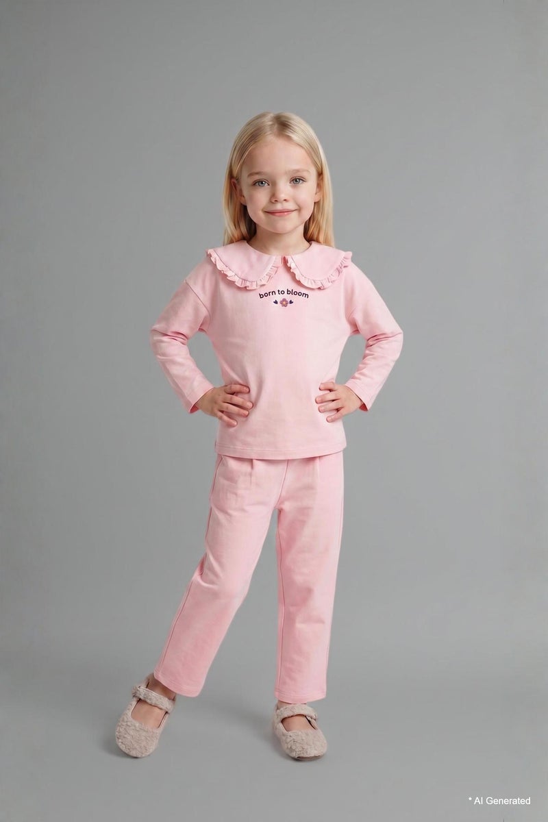 DeFacto Pink BabyGirl Baby Girl Light Pink 100% Cotton Peter Pan Collar Top and Pants Set Casual - Image 5