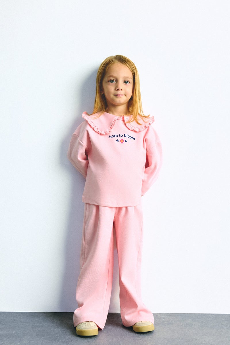 DeFacto Pink BabyGirl Baby Girl Light Pink 100% Cotton Peter Pan Collar Top and Pants Set Casual - Image 2