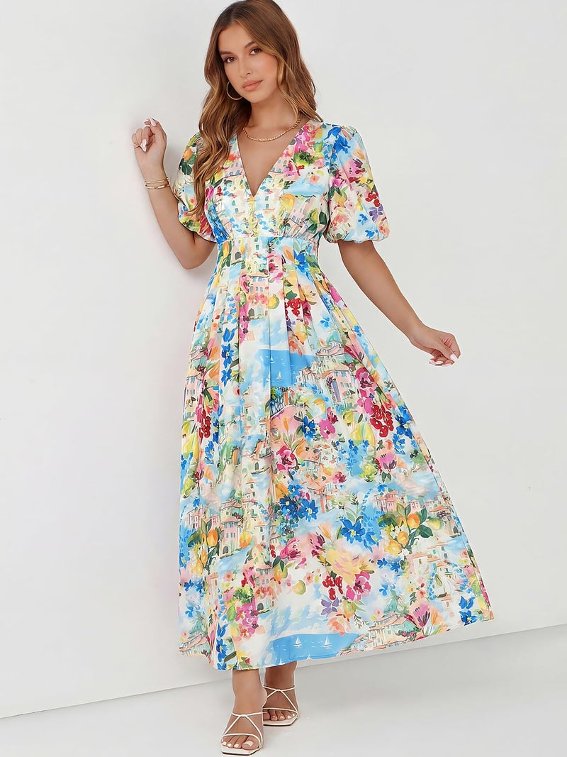 Maxigerui Women's Summer Floral Maxi Dress Spring Wedding Guest Dress 2026 Blue Mediterranean Print S - Image 3