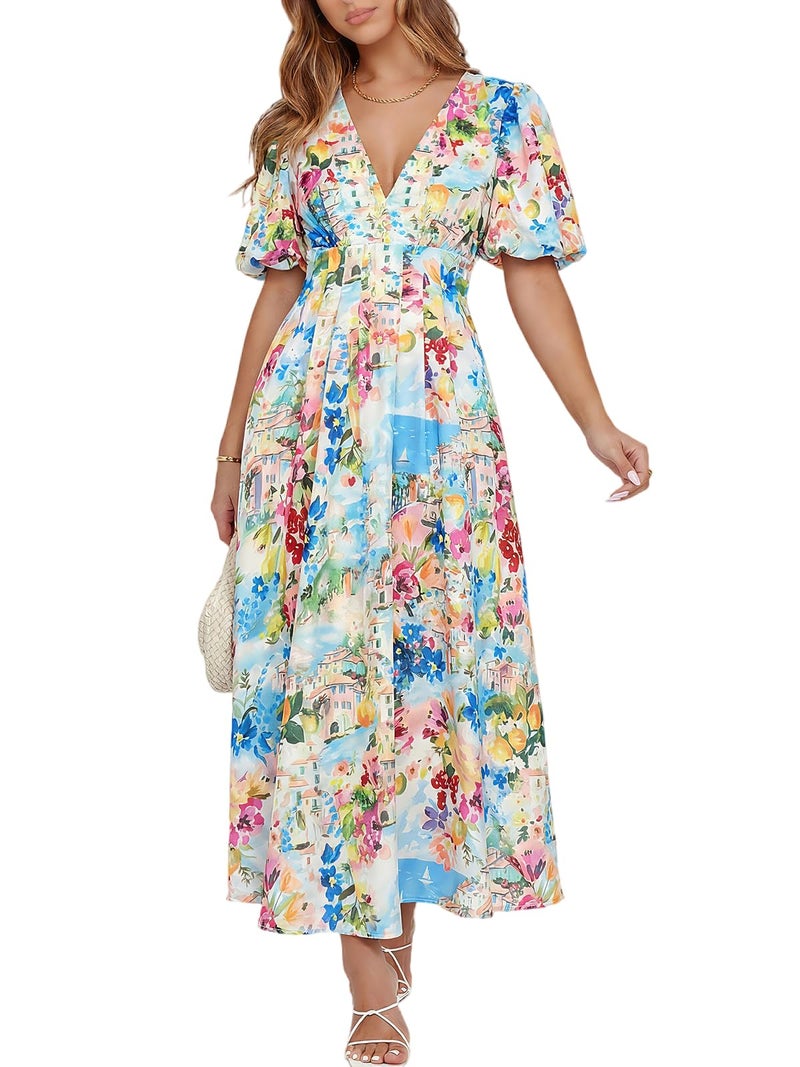 Maxigerui Women's Summer Floral Maxi Dress Spring Wedding Guest Dress 2026 Blue Mediterranean Print S - Image 1