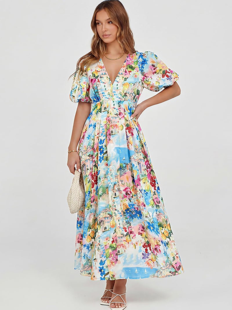 Maxigerui Women's Summer Floral Maxi Dress Spring Wedding Guest Dress 2026 Blue Mediterranean Print S - Image 4