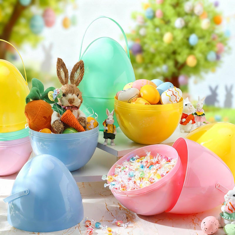 Funtery 4 Pcs Jumbo Easter Eggs 10 Inch Plastic Giant Easter Eggs with Handles, Clear Large Baskets Fillable Big Bunny Egg Shaped Baskets Containers Decoration (Pastel Colors) - Image 5