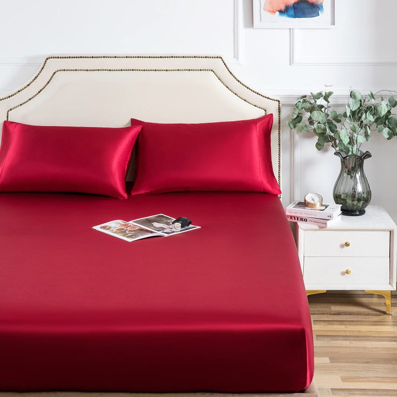 Luxbedding Satin Fitted Sheet  King Fitted Sheet Only  1 - Piece Ultra Soft Deep Pocket Single Silk Bottom Bed Sheet King - Burgundy 