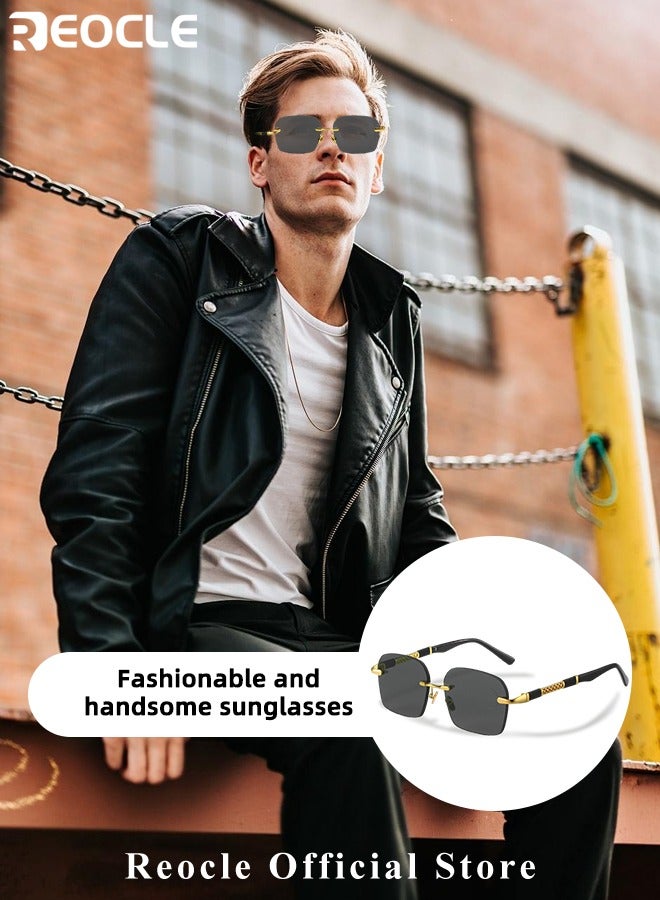 REOCLE Men's Polarized Square Sunglasses Lightweight Rectangular Durable Metal Frame with UV Protection Gold Rim Sunglasses for Fishing & Driving & Golf - Image 2