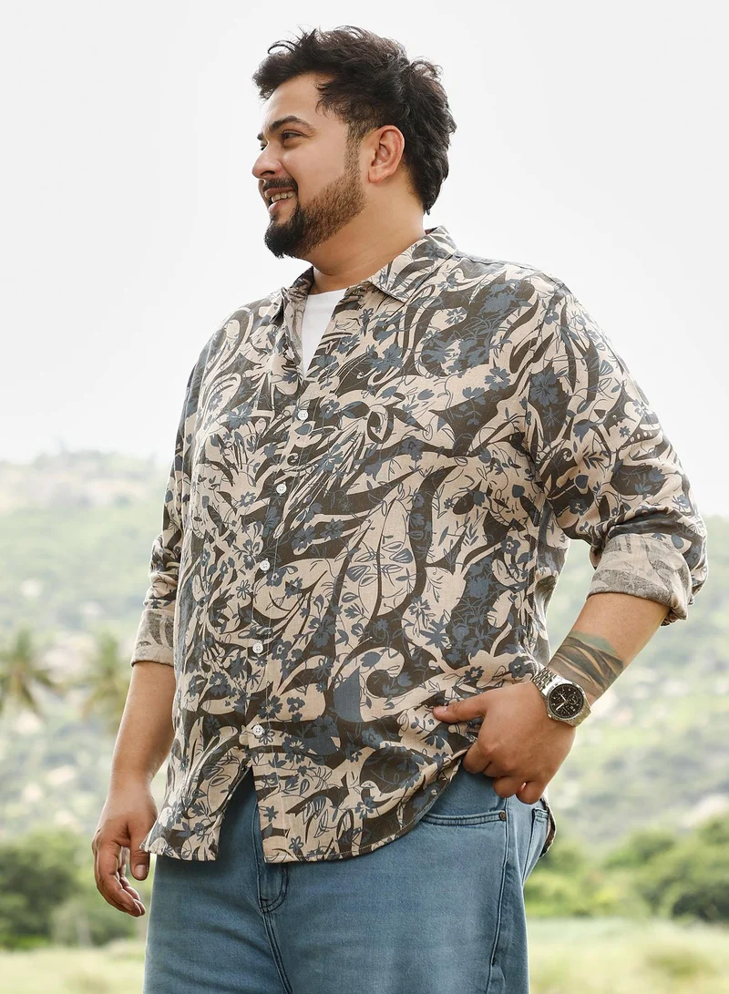 Instafab Plus  Instafab Plus Men Floral-Block Jacquard Shirt | Spread Collar , Long Cuffed Sleeves | Button Closure , Curved Hem | Floral Print Jacquard | Woven Fabric For Casual & Daily Wear | Ash Grey for Men | Best Price UAE