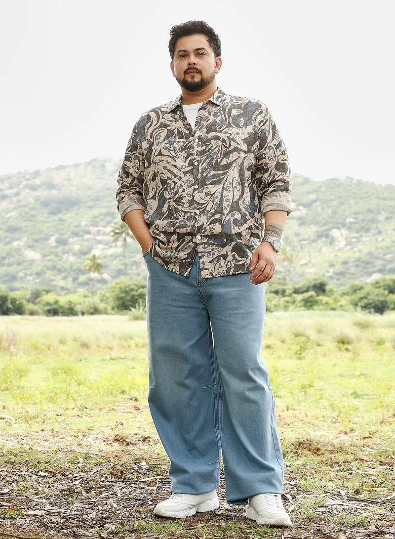 Instafab Plus  Instafab Plus Men Floral-Block Jacquard Shirt | Spread Collar , Long Cuffed Sleeves | Button Closure , Curved Hem | Floral Print Jacquard | Woven Fabric For Casual & Daily Wear | Ash Grey for Men | Best Price UAE