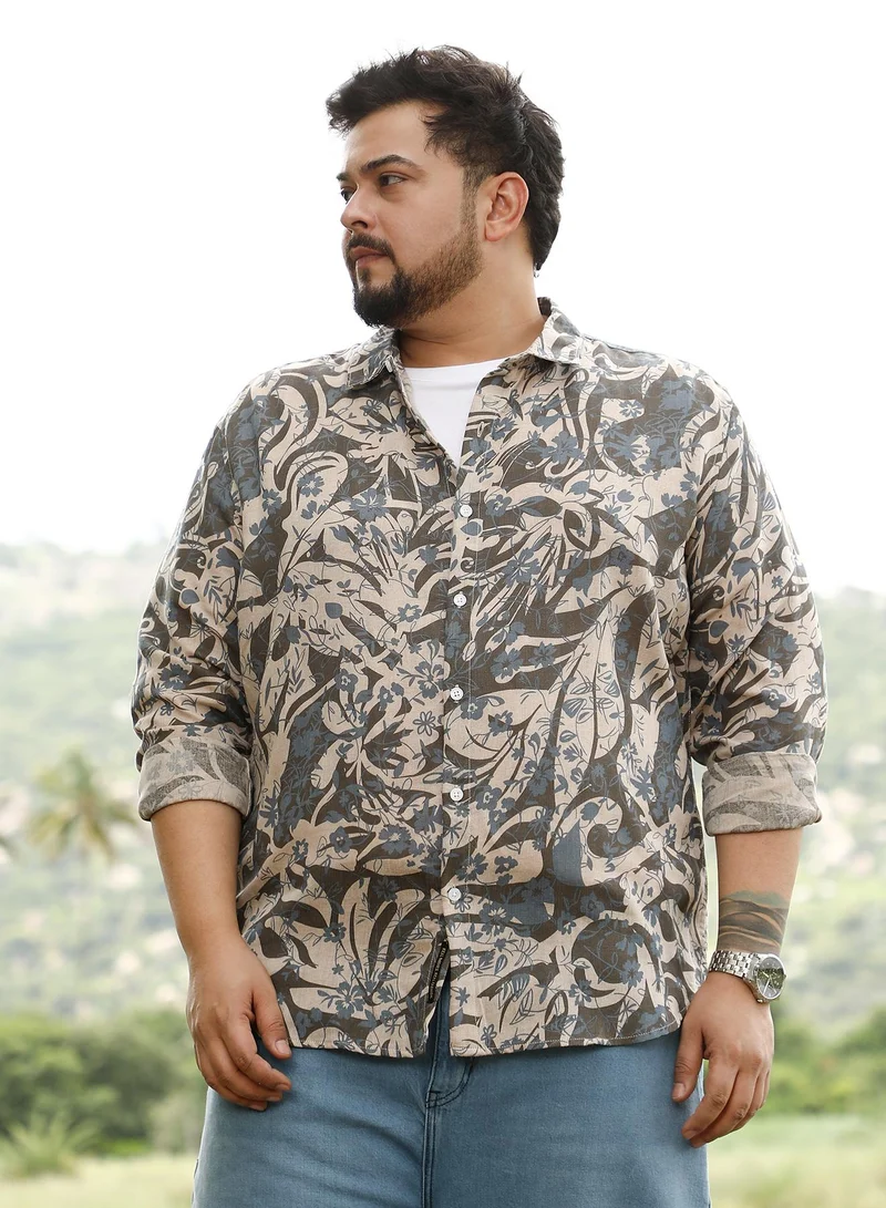 Instafab Plus Instafab Plus Men Floral-Block Jacquard Shirt | Spread Collar , Long Cuffed Sleeves | Button Closure , Curved Hem | Floral Print Jacquard | Woven Fabric For Casual & Daily Wear | Ash Grey