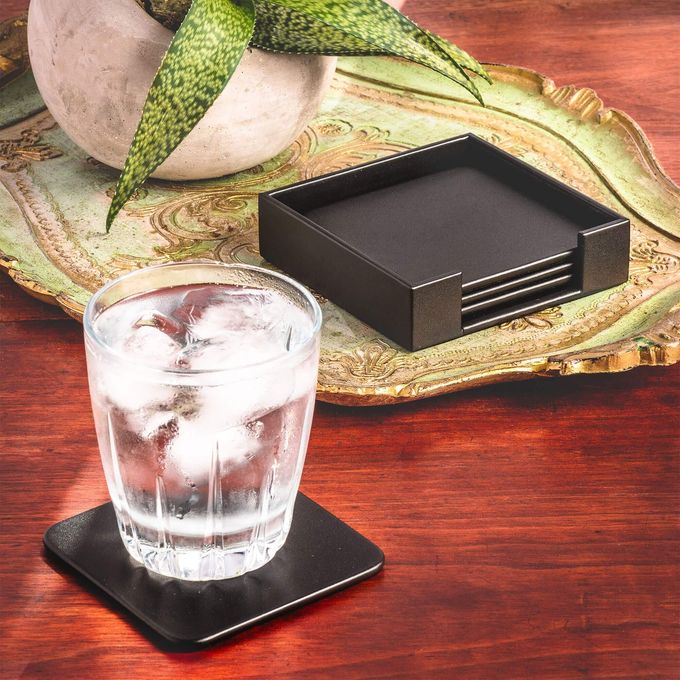 Dacasso Black Leather 4-Square Coaster Set - Image 5