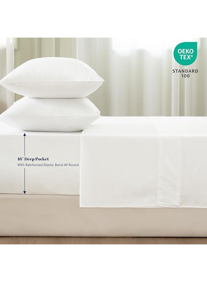 PHF طقم ملاءات كوين من 4 قطع من تينسل الناعم للنائمين في الحرارة، يتضمن 1 × 230 سم × 260 سم ملاءة مسطحة + 1 × 150 سم × 200 سم × 40 سم ملاءة مشدودة + 2 × 50 سم × 75 سم أغطية وسائد، طقم سرير فاخر لجميع الفصول، أبيض - Image 2