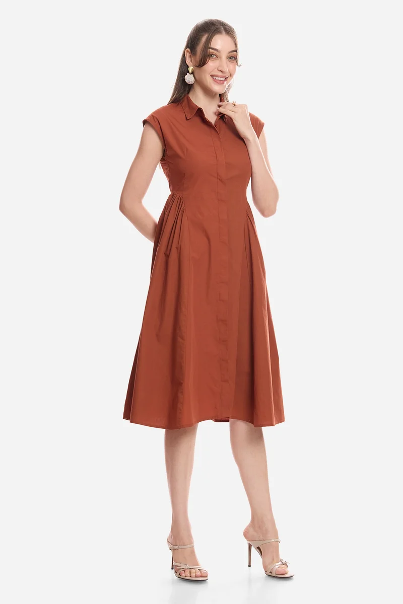 فيرجيو Solid Cotton Gathered Shirt Midi Dress for Women