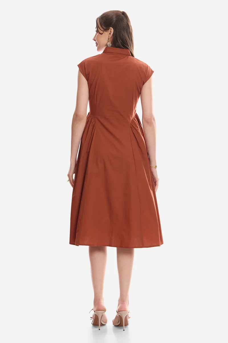 Virgio  Solid Cotton Gathered Shirt Midi Dress for Women for Women | Best Price UAE