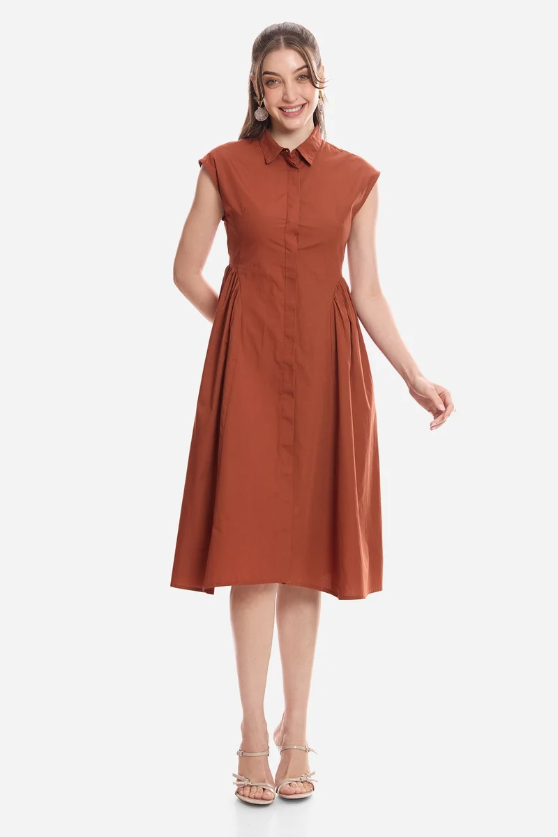 Virgio  Solid Cotton Gathered Shirt Midi Dress for Women for Women | Best Price UAE