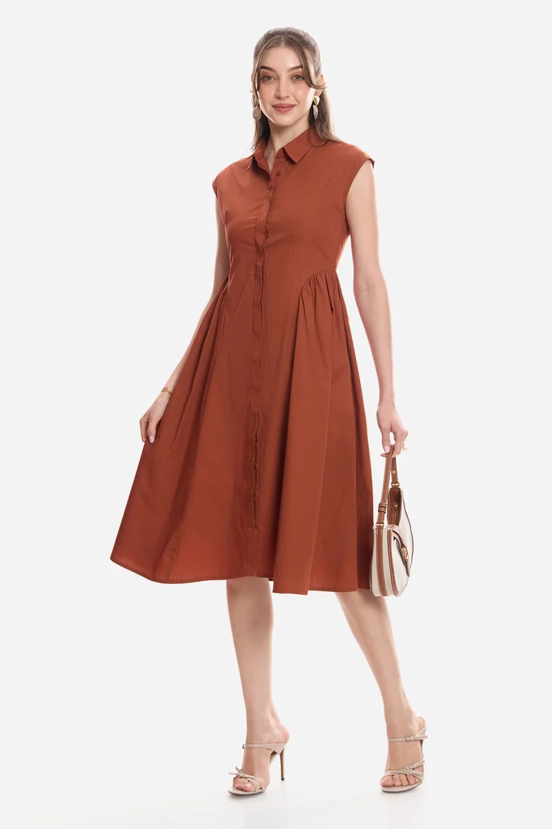 فيرجيو Solid Cotton Gathered Shirt Midi Dress for Women