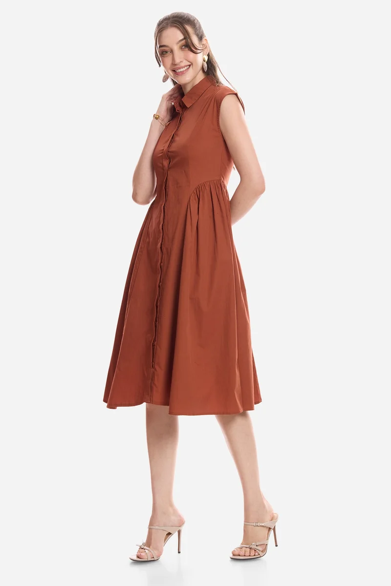 Virgio  Solid Cotton Gathered Shirt Midi Dress for Women for Women | Best Price UAE
