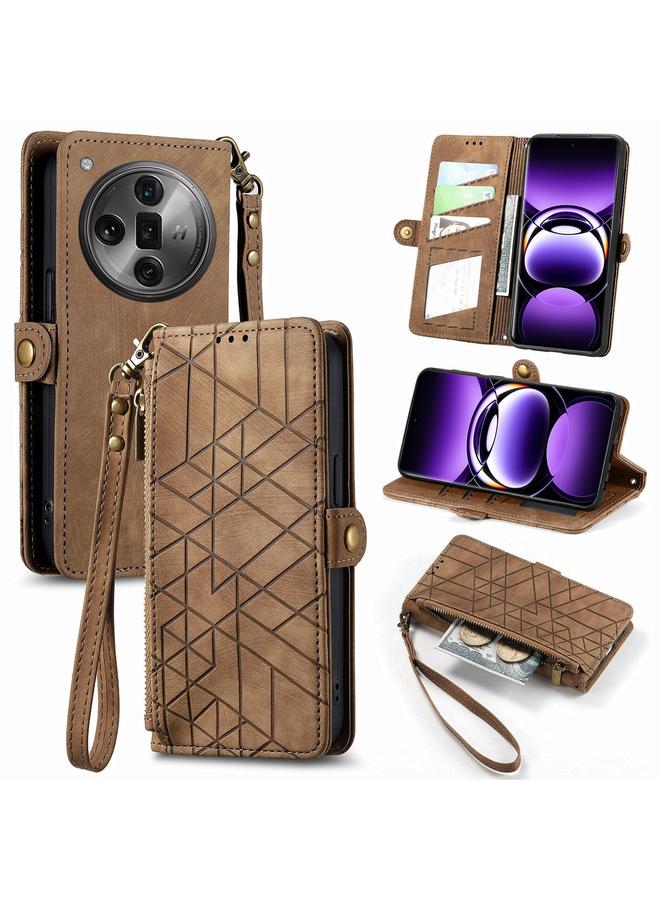 اس-توب جراب هاتف OPPO Find X7 Ultra بتصميم هندسي مع سحاب ومشبك جانبي من الجلد - Image 1