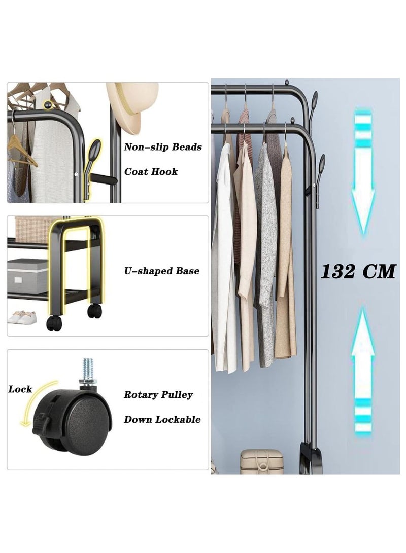 Garment Rack with Wheels, Double Rod Clothing Rack, Free-Standing Closet Organizer with Storage Shelves, Heavy-Duty Clothes Hanging Rack with Lockable Wheels for Bedroom, Entryway, and Office  - Image 4