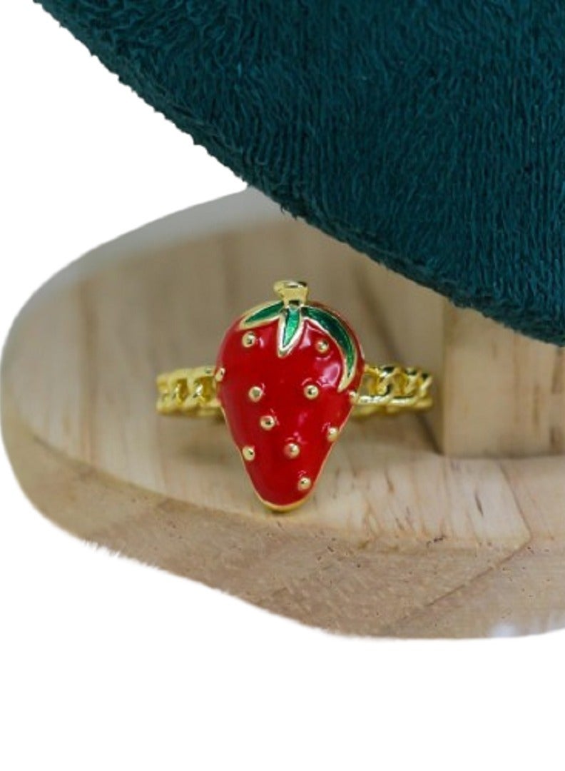 MANIKAN Strawberry Ring, Gold-Plated Chain Band, Red Enamel Design - Image 1