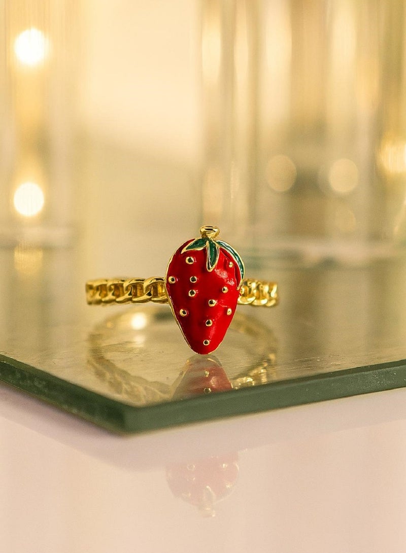 MANIKAN Strawberry Ring, Gold-Plated Chain Band, Red Enamel Design - Image 3
