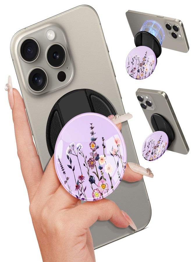 Kidcube Magnetic Phone Grip Compatible with Magsafe - Cell Phone Grip Stand Finger Ring Holder Magnet Kickstand Removable Accessories for iPhone 16 Pro Max/16/15/14/13/12 Series Cute Purple Flowers - Image 1