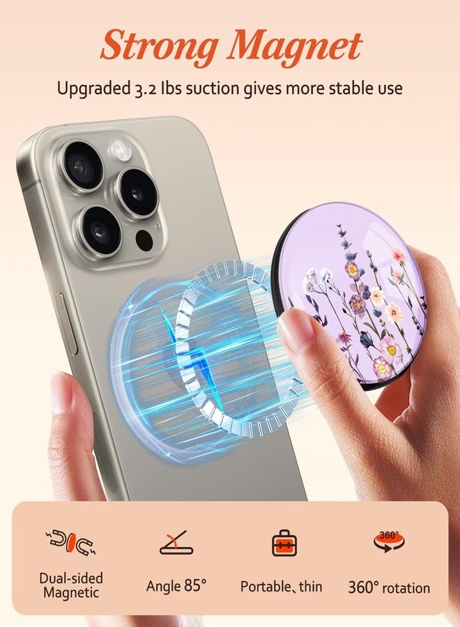 Kidcube Magnetic Phone Grip Compatible with Magsafe - Cell Phone Grip Stand Finger Ring Holder Magnet Kickstand Removable Accessories for iPhone 16 Pro Max/16/15/14/13/12 Series Cute Purple Flowers - Image 2