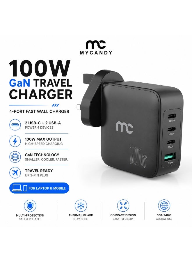 MYCANDY Gtc-D200 Gan Travel Charger 100W 4-Port Fast Wall Charger For Laptop & Mobile, Black Black - Image 1