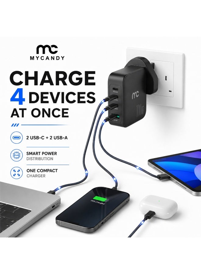 MYCANDY Gtc-D200 Gan Travel Charger 100W 4-Port Fast Wall Charger For Laptop & Mobile, Black Black - Image 4