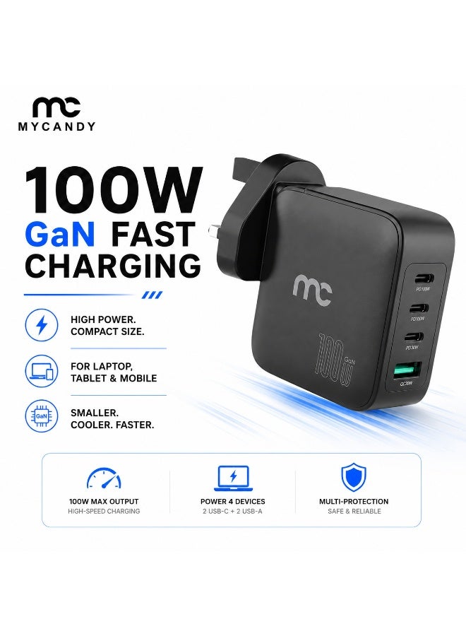 MYCANDY Gtc-D200 Gan Travel Charger 100W 4-Port Fast Wall Charger For Laptop & Mobile, Black Black - Image 3