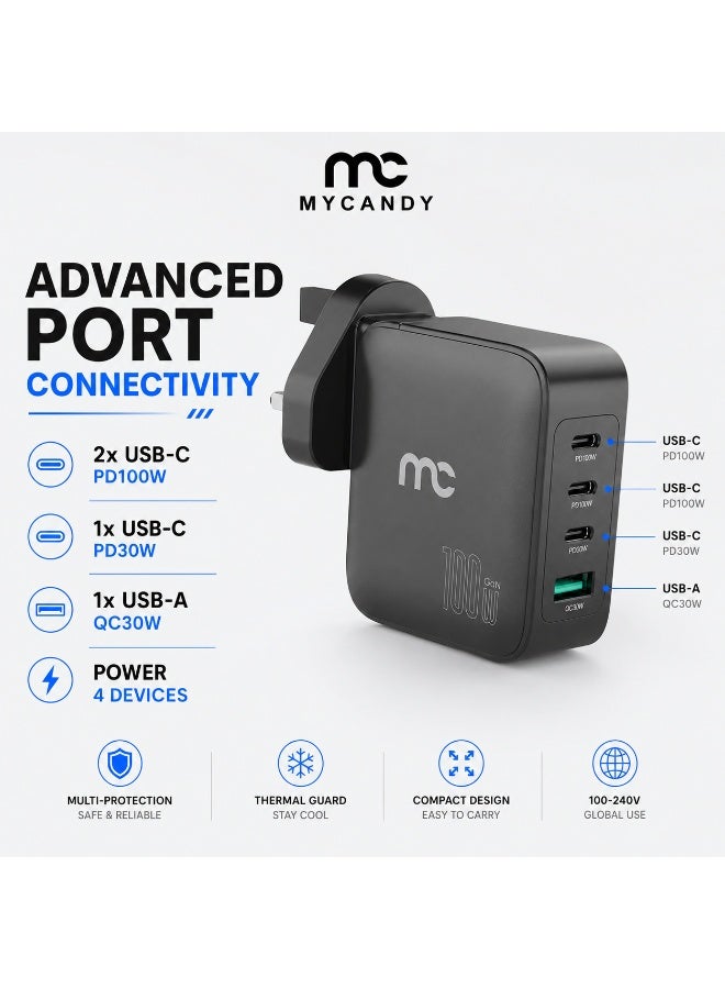 MYCANDY Gtc-D200 Gan Travel Charger 100W 4-Port Fast Wall Charger For Laptop & Mobile, Black Black - Image 2